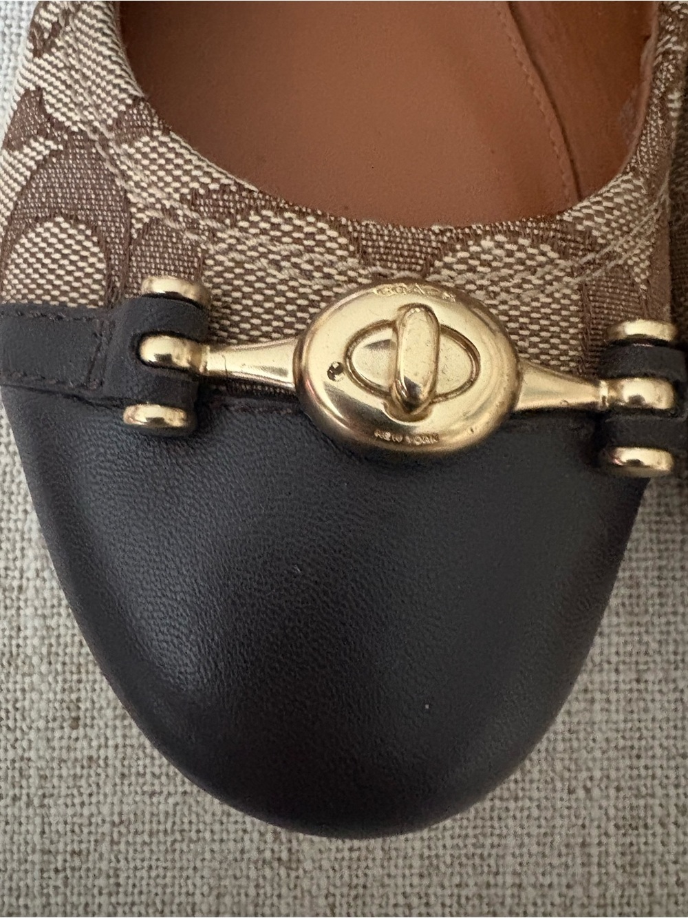 Signature Monogram Brown & Beige Women's Ballet Flats with Gold Lock Accent - Picture 2 of 5